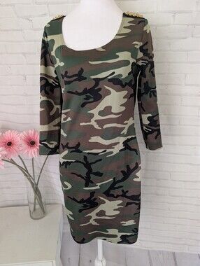 Rainbow - Camo Scoop Neck Bodycon Dress - Green Camo